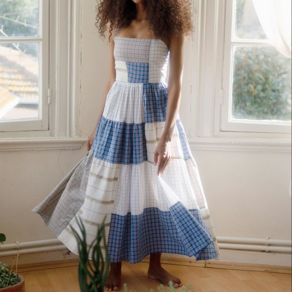 Blue and White Plaid Maxi Dress